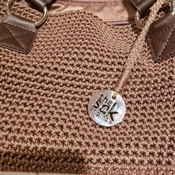 Saks Taupe Brown Crochet Shoulder Bag Tote - Picture 3 of 14
